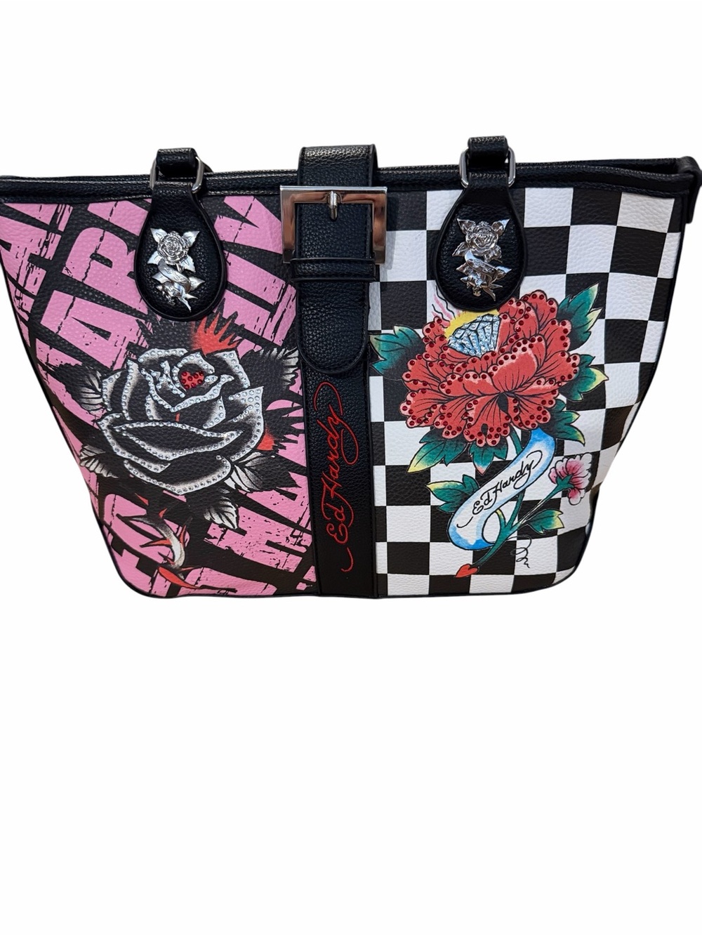 Ed Hardy Pink, Black & White Floral Checkered Tote